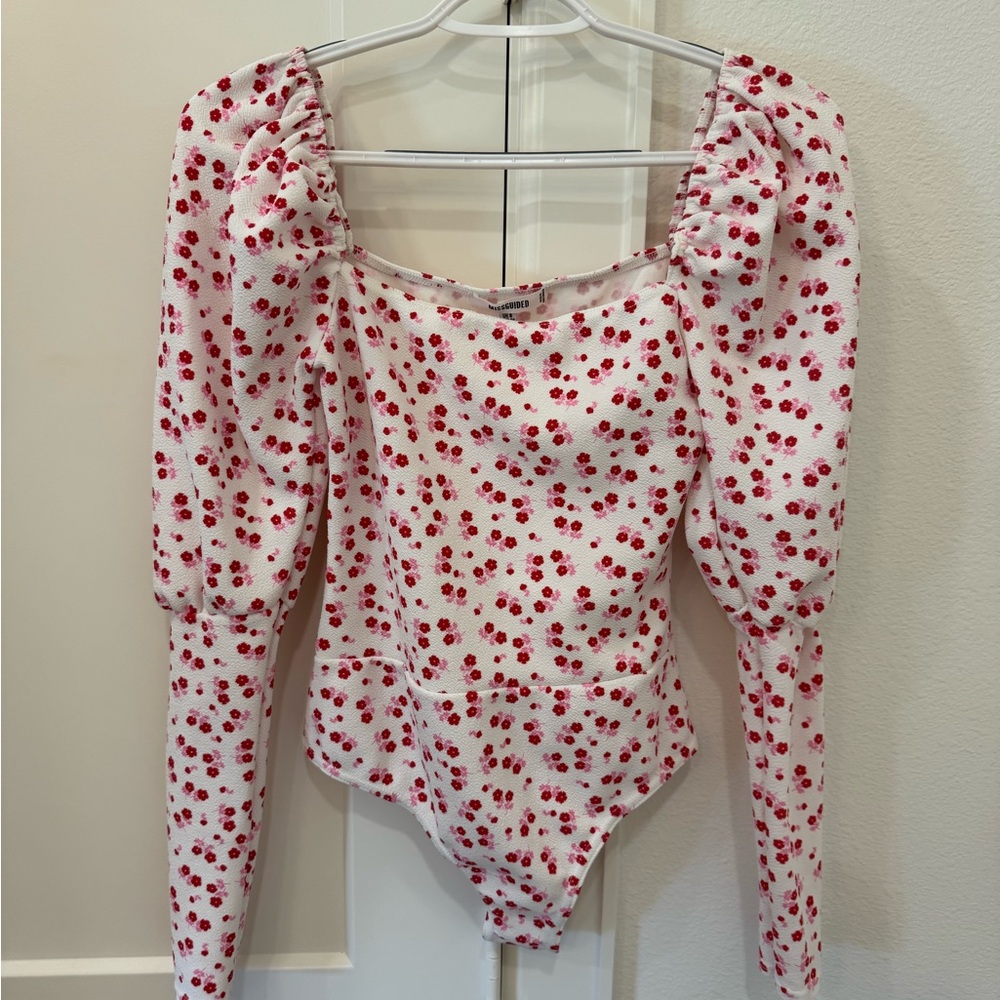 Missguided Red and White Puff Sleeve Bodysuit